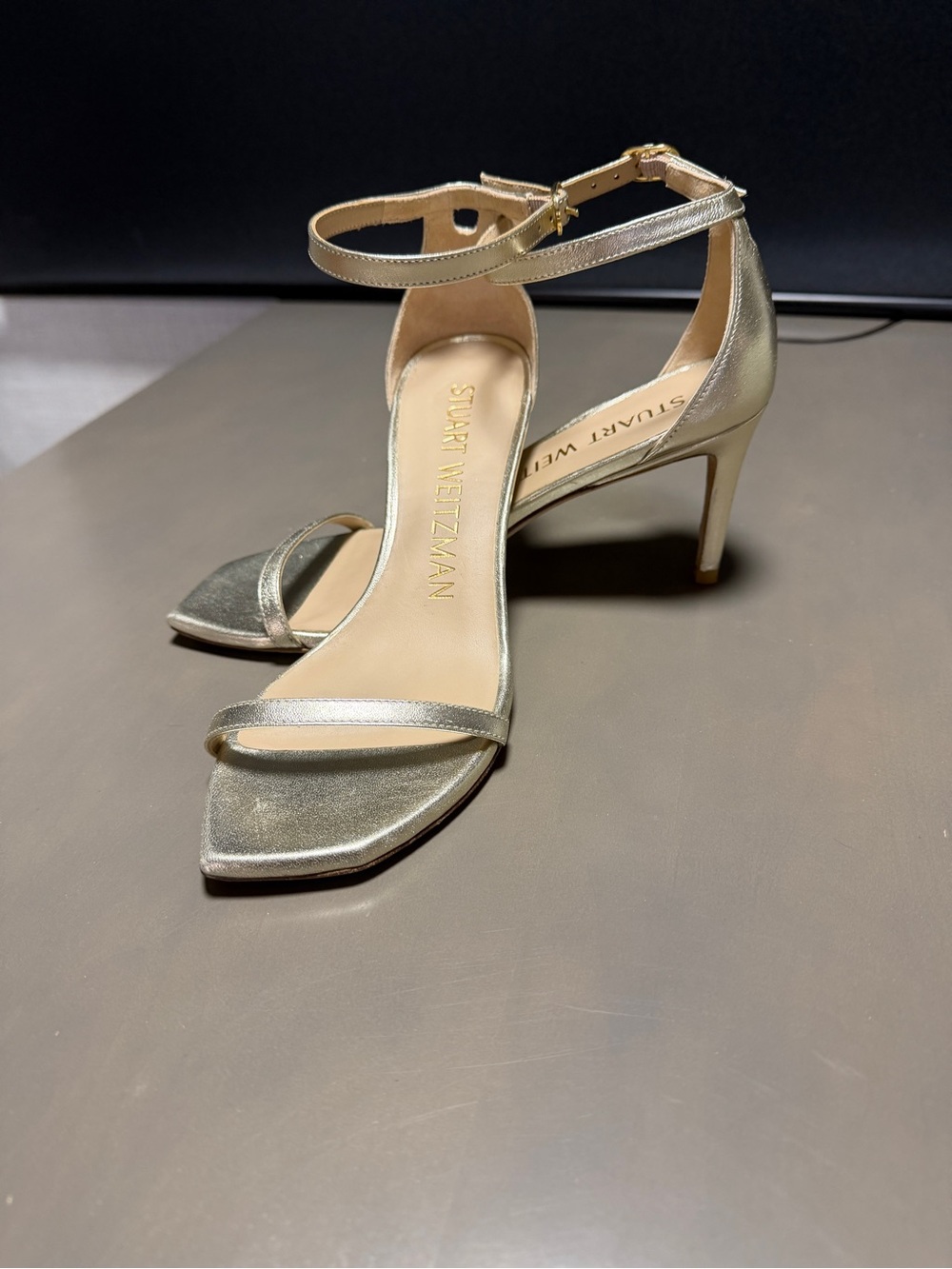 Stuart Weitzman Metallic Gold Ankle-Strap Heels
